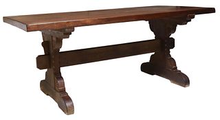 CARVED OAK REFECTORY TRESTLE TABLE, 71"L