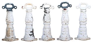 (5) WHITE-PAINTED CAST IRON STANCHIONS/ BOLLARDS