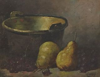 LEROY (19TH C.) STILL LIFE BRASS JELLY PAN & FRUIT