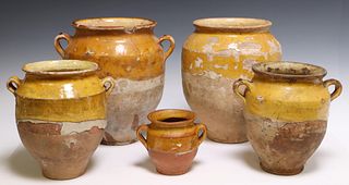 (5) FRENCH YELLOW-GLAZED EARTHENWARE CONFIT POTS