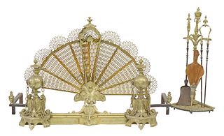 (LOT) NEOCLASSICAL STYLE GILT METAL FIREPLACE SET