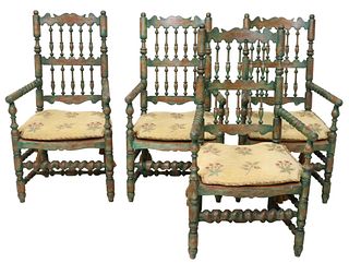 (4) PAINT-DECORATED SPINDLED RUSH SEAT ARMCHAIRS