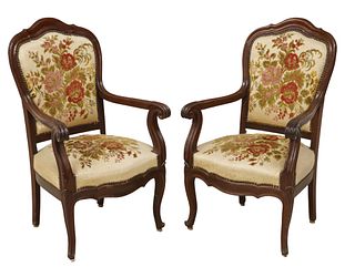 (2) LOUIS XV STYLE UPHOLSTERED WALNUT FAUTEUILS