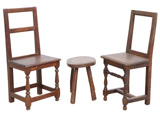 (3) FRENCH PROVINCIAL OAK CHAIRS & RUSTIC STOOL