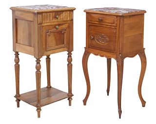 (2) FRENCH MARBLE-TOP WALNUT NIGHTSTANDS, VARIED