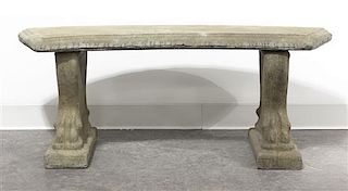 A Cast Stone Garden Bench, Height 16 x width 41 5/8 x depth 12 1/2 inches.