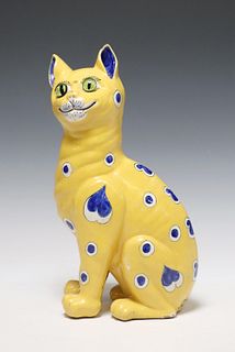 EMILE GALLE (D.1904) YELLOW FAIENCE SEATED CAT
