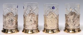 (4) RUSSIAN CUT GLASS & CHASED METAL TEA GLASSES