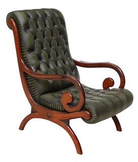 ENGLISH CAMPECHE STYLE MAHOGANY LEATHER ARMCHAIR