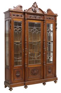 ITALIAN CARVED WALNUT & STAINED GLASS BOOKCASE