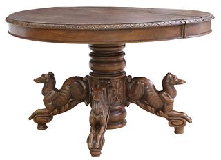 FRENCH CARVED OAK EXTENSION TABLE WITH HOUNDS
