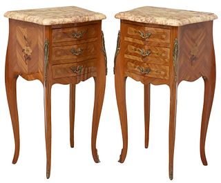 (2) LOUIS XV STYLE MARBLE-TOP INLAID NIGHTSTANDS