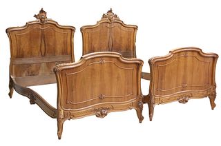 (2) FRENCH LOUIS XV STYLE CARVED WALNUT BEDS