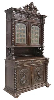 FRENCH CARVED OAK & STAINED GLASS SIDEBOARD