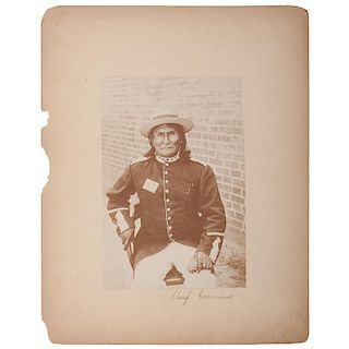 Rare Photograph of Apache Chief Geronimo Wearing a US Military Coat at Mount Vernon Barracks