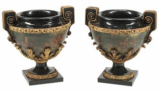 (2) NEOCLASSICAL STYLE PAINTED & MARBLE-TILED URNS