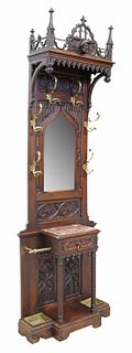 FRENCH GOTHIC REVIVAL MIRRORED OAK HALL TREE