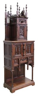FRENCH GOTHIC REVIVAL CARVED OAK CREDENCE CUPBOARD