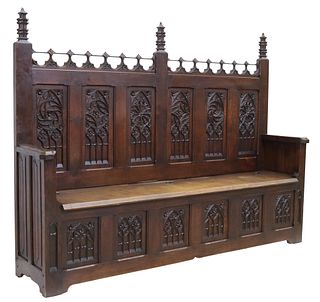 FRENCH GOTHIC REVIVAL OAK COFFER HALL BENCH