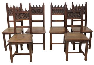 (6) FRENCH GOTHIC REVIVAL CARVED OAK SIDE CHAIRS