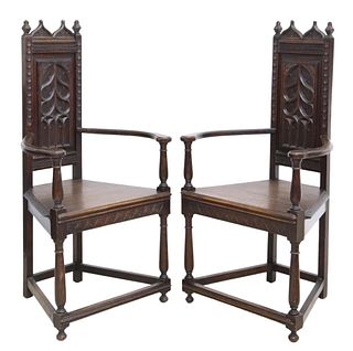 (2) FRENCH GOTHIC REVIVAL OAK HIGHBACK ARMCHAIRS
