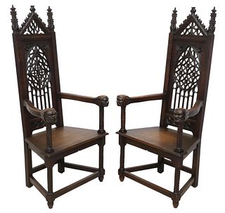 (2) FRENCH GOTHIC REVIVAL CARVED OAK THRONE CHAIRS
