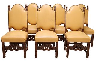 6) CONTINENTAL CARVED & LEATHER UPHOLSTERED CHAIRS