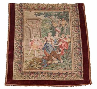 FRENCH WOVEN ALLEGORICAL TAPESTRY, 119" X 94"