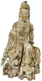 CHINESE CARVED WOOD SCULPTURE SEATED GUANYIN, 35"H