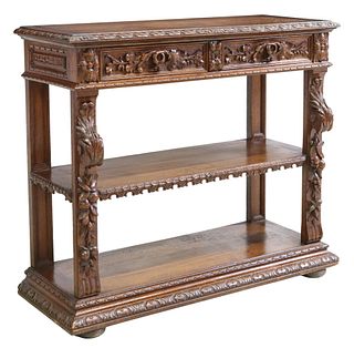 FRENCH HENRI II STYLE CARVED OAK MARBLE-TOP SERVER