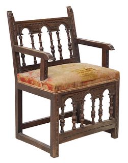 FRENCH HENRI II STYLE CHIP CARVED OAK FAUTEUIL