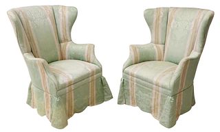 (2) DAMASK UPHOLSTERED WINGBACK ARMCHAIRS