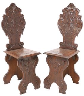 (2) ITALIAN RENAISSANCE REVIVAL CARVED HALL CHAIRS