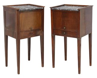 (2) MARBLE-TOP MAHOGANY BEDSIDE CABINETS