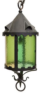 CONTINENTAL STAINED GLASS & IRON HANGING LANTERN