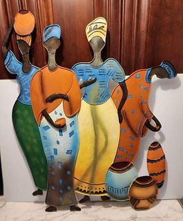 Large Hand-Painted Vintage African-Themed and Woman-Focused Wall Sculpture 