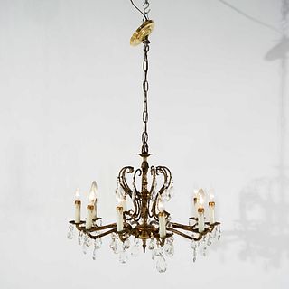 French Style Bronzed Metal & Crystal Ten Light Chandelier, circa 1940