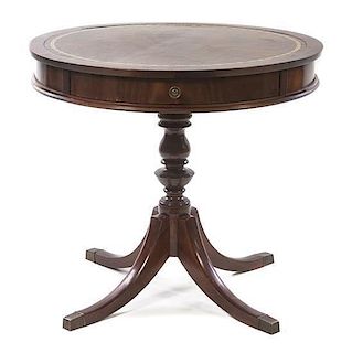 A Regency Style Mahogany Drum Table, Height 28 x diameter 30 inches.
