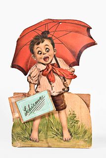 An early 20th century German countertop clockwork umbrella advertising display