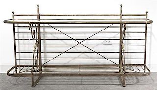 A Brass and Glass Bakers Rack, Height 32 1/2 x width 60 x depth 15 3/8 inches.
