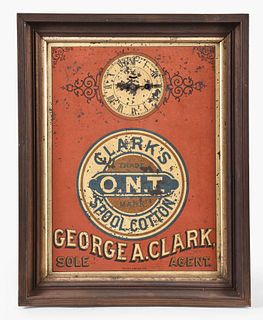 A good late 19th century framed tin sign with clock promoting Clarks Spool Cotton