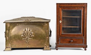An Arts & Crafts style brass coal hod or wood box and a small mahogany cabinet