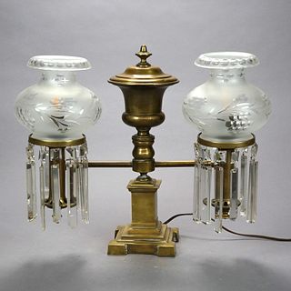 Antique Gilt Brass & Bronze Double Argand Lamp & Etched Shades Circa 1820