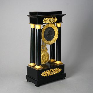 Antique French Empire Ebonized & Ormolu Portico Mantel Clock Circa 1880