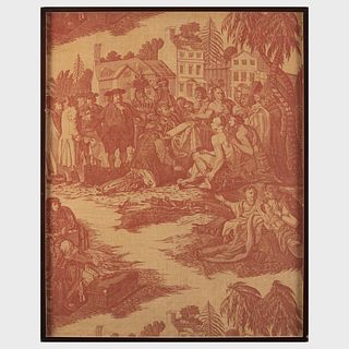 Cotton Fabric Printed with Colonial Trading Scene 