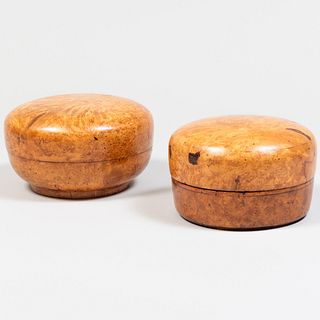 Two Chinese Burl Wood Circular Boxes and Covers