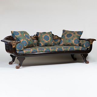Unusual Chinese Export Polychrome Decorated Lacquer, Caned and Silk Upholstered Sofa/Opium Bed