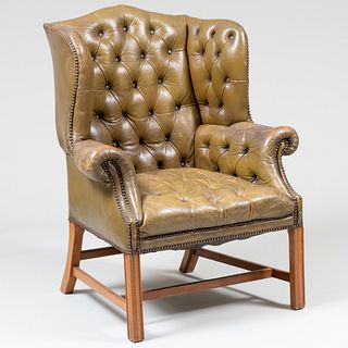 George III Style Mahogany and Tufted Leather Wing Chair                   