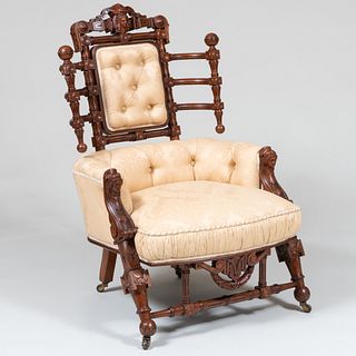 George Hunzinger Renaissance Revival Walnut and Ebonized Armchair