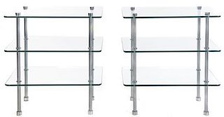 A Pair of Chrome and Glass Side Tables, Height 29 3/4 x width 28 x depth 20 inches.